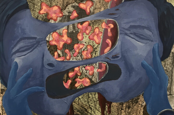 Painting titled The Brains You Spill by Bean Foster