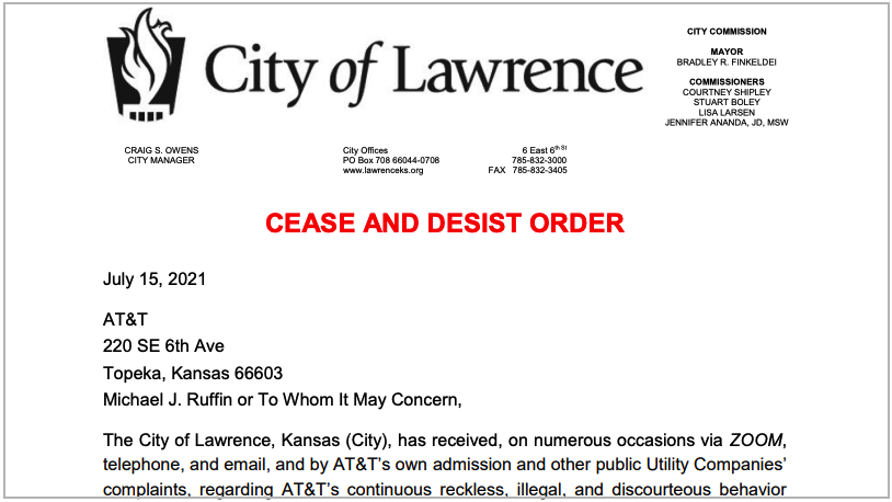 City of Lawrence issues cease and desist order to AT&T, citing